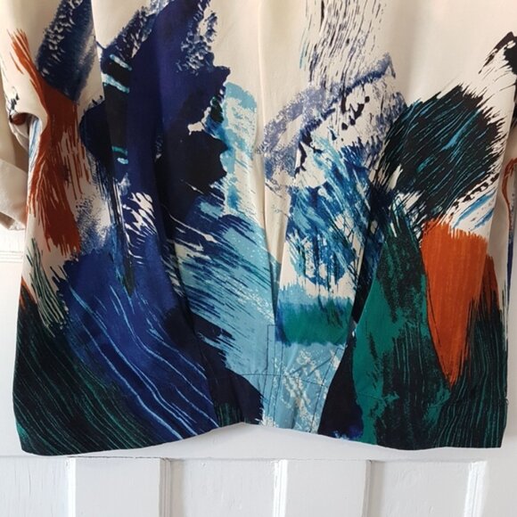 BCBG Maxazria Silk Jayne Abstract Print Short Sleeve Blouse Multi Color Top Sz S - Picture 6 of 10